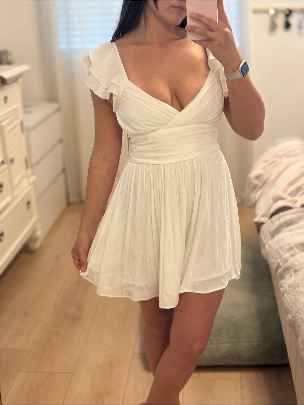 Angel Biba White Wrap V-Neck Mini Dress with Flutter Sleeves